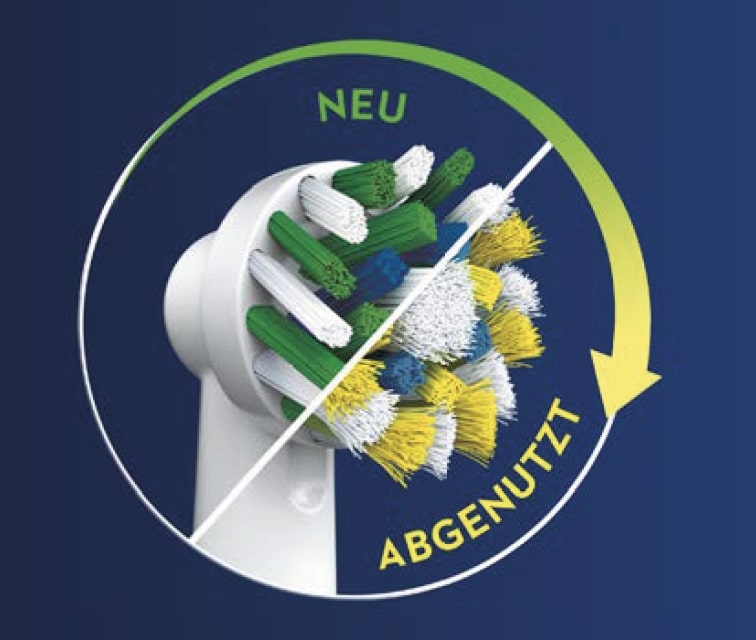 Die neue und innovative CleanMaximiser-Technologie für Oral-B Aufsteckbürsten für einen rechtzeitigen Bürstenkopfwechsel.