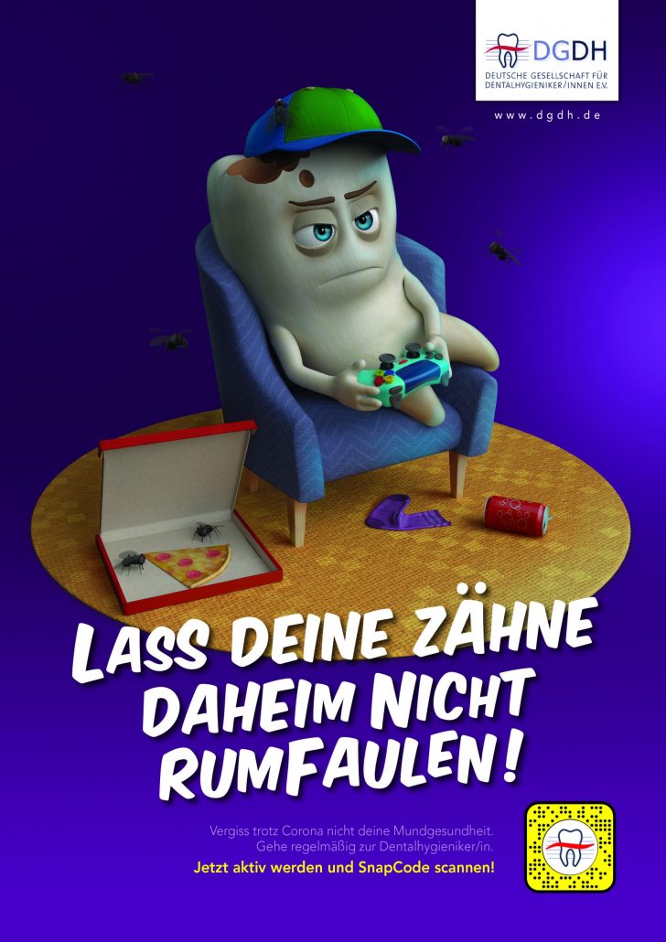 “Faulen” vor TV und Konsole: 3D-Cartoon-Zahnfiguren der DGDH-Kampagne