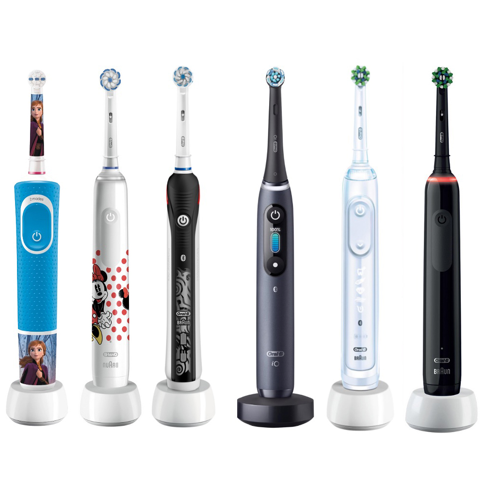 Marktführer Oral-B bietet Zahnbürsten für Jung bis Alt. Beispielsweise hier im Bild von links nach rechts zu sehen: Oral-B Vitality 100 Kids, Oral-B Junior, Oral-B Teen, Oral-B iO, Oral-B GENIUS X und Oral-B Pro 3