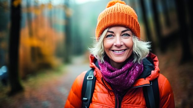 Positive Cheerful Woman In Orange Hat Enjoying Walk Outdoors In Autumn Forest. Happy Older Woman Looks At Camera Smiles