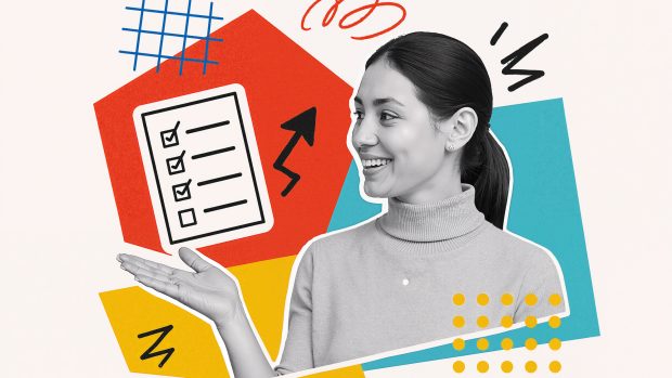 Creative collage representing positive business performance with checklist and trend, ideal for advertising campaigns